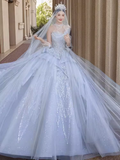 Fairytale Ball Gown Strapless Tulle Sequin Long Wedding Dresses HZ1024