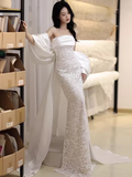 Sexy Mermaid Strapless White Lace Long Prom Dresses HZ1024