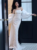 Sexy Mermaid Strapless White Lace Long Prom Dresses HZ1024