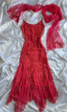 Vintage Sheath Spaghetti Straps Ruffles Red Chiffon Long Prom Dress Evening Dresses With Beads HZ1024