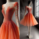 Stunning Ball Gown Scoop Beads Long Sleeves Orange Homecoming Dress Short Birthday Outfits HZ1024