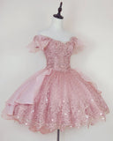 Cute Ball Gown Off The Shoulder Lace Pink Homecoming Dress Short Birthday Outfit HZ1024