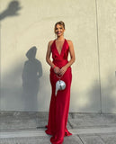 Elegant Mermaid Halter V Neckline Slim Fit Satin Red Prom Dress Long Evening Dresses HZ1024