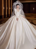 Princess Ball Gown V neckline Long Sleeves Lace Wedding Dresses HZ1024