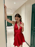 Simple A Line Halter Satin Short Red Homecoming Dresses 21st Birthday Outfit HZ1024