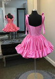 Sexy A Line Straps Pink Short Satin Homecoming Dresses 21st Birthday Outfit HZ1024