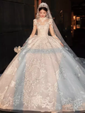 Elegant Ball Gown High neckline Long Sleeves Satin Wedding Dresses HZ1024