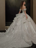 Elegant Ball Gown Off The Shoulder Sequin Short Sleeves Sequin Wedding Dresses HZ1024