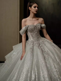 Elegant Ball Gown Off The Shoulder Sequin Short Sleeves Sequin Wedding Dresses HZ1024
