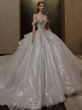 Elegant Ball Gown Off The Shoulder Sequin Short Sleeves Sequin Wedding Dresses HZ1024