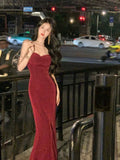 Sexy Mermaid Straps Velvet Burgundy Long Prom Dress Evening Dresses HZ1024
