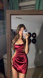 Modest Sheath Spaghetti Straps Burgundy Short Satin Homecoming Dresses Party Dress HZ1024
