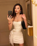 Modest Sheath Strapless Ivory Short Homecoming Dresses Satin Birthday Outfits HZ1024