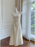 Simple A Line Straps White Satin Ankle Length Prom Dress Evening Dresses HZ1024
