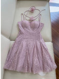 Modest A line Spaghetti Straps Lace Lilac Short Homecoming Dresses Birthday Outfits HZ1024