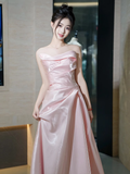 Modest Mermaid Strapless Shiny Satin Pink Long Prom Dresses HZ1024