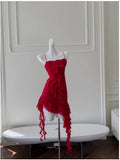 Modest Sheath Spaghetti Straps Red Chiffon Ruffled Short Homecoming Dresses Birthday Outfits HZ1024