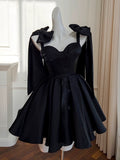 Modest A line Straps Black Short Homecoming Dresses Birthday Outfits With Bow HZ1024