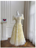 Modest A Line Scoop Neckline Yellow Lace Homecoming Dresses Birthday Outfits With Beads HZ1024