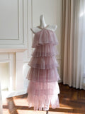 Modest Ball Gown Halter Ruffles Pink Long Length Prom Dress Formal Dresses HZ1024