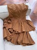 Modest A line Spaghetti Straps Brown Lace Short Homecoming Dresses Birthday Outfit HZ1024