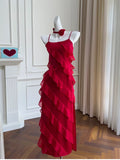 Modest A line Spaghetti Straps Red Chiffon Long Prom Dress Formal Dresses HZ1024