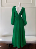 Modest A line V Neckline Long Sleeves Green Chiffon Slit Prom Dress Formal Dresses With Buttons HZ1024