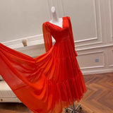 Sexy A line Long Sleeves Red Ankle Length Prom Dress Formal Dresses With Ruffles HZ1024