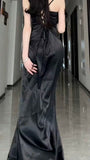 Sexy Sheath Spaghetti Straps Black Floor Length Prom Dress Formal Dresses With Slit HZ1024