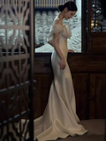Vintage Mermaid Off The Shoulder White Satin Long Wedding Dresses HZ1024