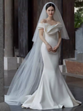 Vintage Mermaid Off The Shoulder White Satin Long Wedding Dresses HZ1024