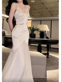 Modest Sheath Spaghetti Straps Ivory Long Prom Dresses Evening Dress With Ruffles HZ1024