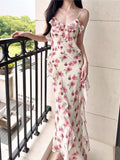 Modest Sheath Spaghetti Straps Pink Floral Chiffon Prom Dresses Ruffles Evening Dress HZ1024