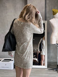 Sequin Round Neck Long Sleeve Mini Dinner Dress Short Homecoming Dresses HZ1024