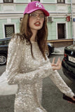 Sequin Round Neck Long Sleeve Mini Dinner Dress Short Homecoming Dresses HZ1024