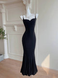 Pretty Sheath Spaghetti Straps Black Long Prom Dresses Evening Dress With Ruffles HZ1024