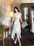 Pretty High Low Spaghetti Straps Chiffon Prom Dresses Evening Dress With Ruffles HZ1024