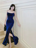Pretty Sheath Straps Floor Length Royal Blue Slit Prom Dresses Simple Evening Dress HZ1024
