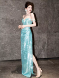 Sexy Mermaid Off The Shoulder Green Long Prom Dresses Sequin Birthday Outfits HZ1024