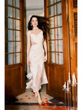 Pretty Mermaid Spaghetti Straps Ivory Lace Slit Prom Dresses HZ1024