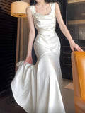 Pretty Mermaid Straps Ivory Silk Satin Long Prom Dresses HZ1024