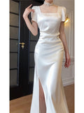 Pretty Sheath Square Neckline Short Sleeves Slit Prom Dresses HZ1024
