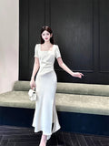 Pretty Sheath Square Neckline Short Sleeves Slit Ivory Long Prom Dresses HZ1024