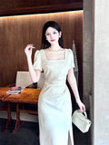 Pretty Sheath Square Neckline Short Sleeves Slit Ivory Long Prom Dresses HZ1024