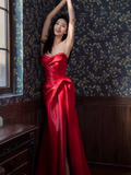 Sexy Mermaid Sweetheart Satin Long Prom Dresses Red Slit Birthday Outfits HZ1024