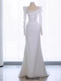 Vintage Mermaid Long Sleeves White Satin Long Wedding Dresses HZ1024