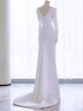 Vintage Mermaid Long Sleeves White Satin Long Wedding Dresses HZ1024