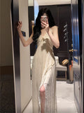 Sexy A Line Spaghetti Straps Chiffon Floor Length Slit Prom Dresses Evening Dress HZ1024