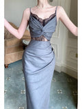 Sexy Sheath Spaghetti Straps Gray Long Length Prom Dresses Evening Dress HZ1024