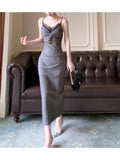 Sexy Sheath Spaghetti Straps Gray Long Length Prom Dresses Evening Dress HZ1024